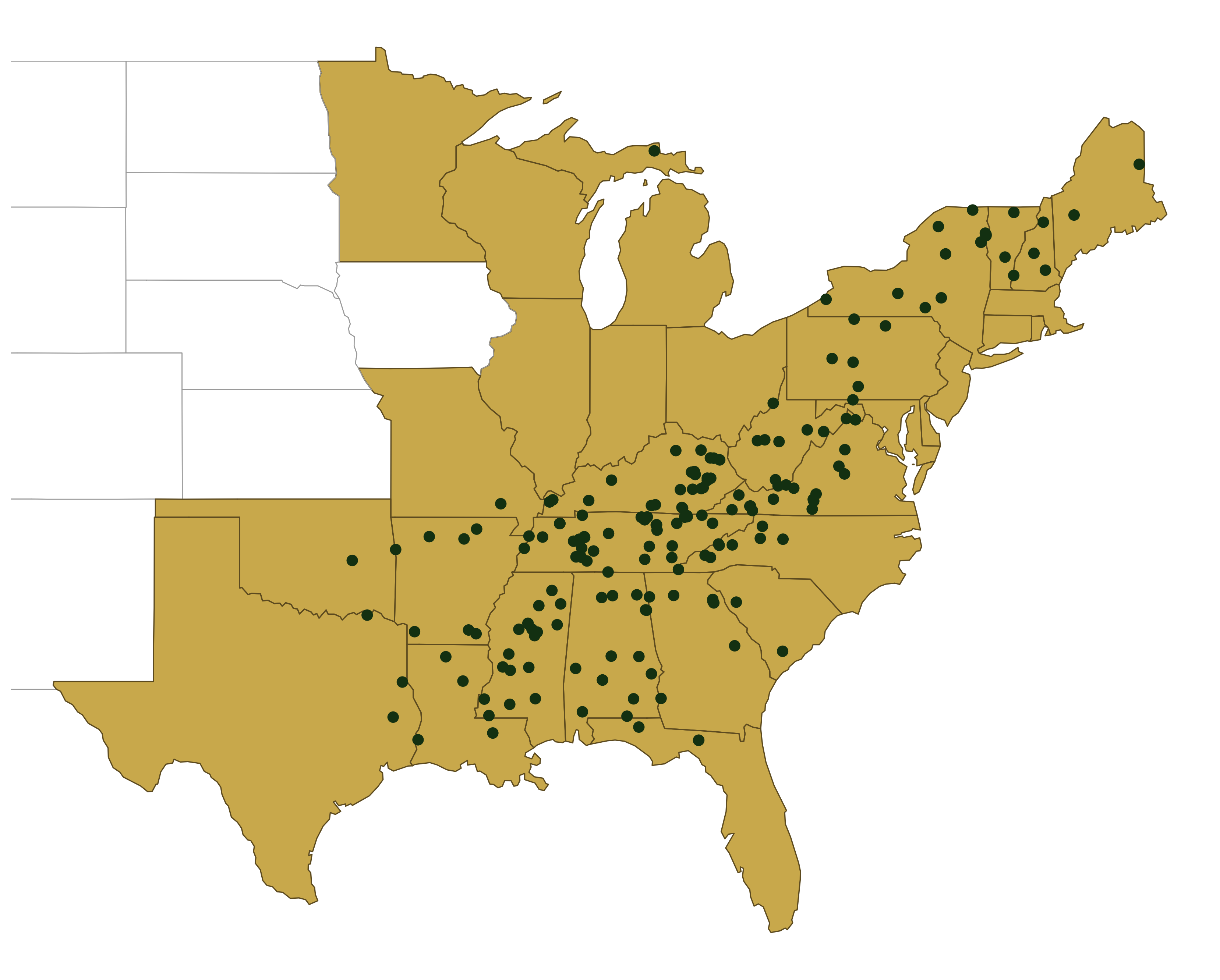Map of enrolled forests across the eastern United States